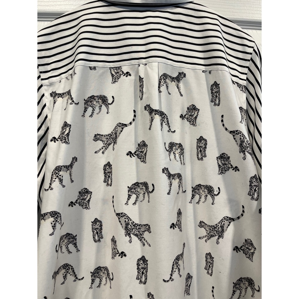 Chicos Leopard Print Striped Tunic Button Down Shirt White Black Size 2 Large - Picture 6 of 10